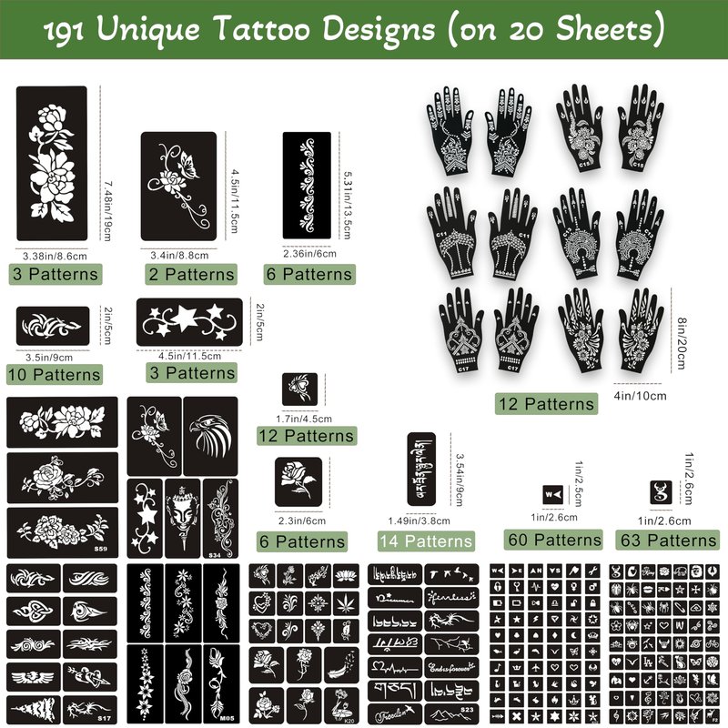 191 Pcs Temporary Tattoo Stencils Kit with 6 Tattoo Cones (2 Black, 2 Brown, 2 Dark Red), White Tattoo Outline Pen, Cotton Swabs & Towel | Perfect for Adults, Teens, Beginners, Family Fun & Parties