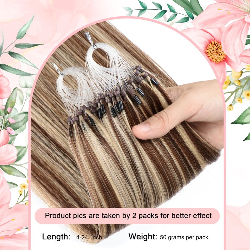 Kpvxxve Micro Beads Hair Extensions Real Human Hair Brown with Bleach Blonde Micro Link Human Hair Extensions 14 Inch #4/613 Micro Loop Hair Extension 50g 1g/s