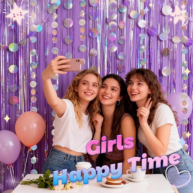 BTSD-home Iridescent Party Decorations 4 Pack Iridescent Garland Circle Dots Tool-Free Hanging Holographic Decor for Birthdays Graduation Christmas and Weddings Photography Background