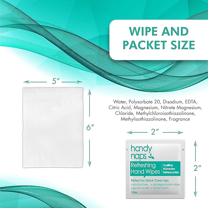 Handynaps Refreshing Hand Wipes, Alcohol-Free With Fresh Lemon Scent - Case of 1000 Individually Wrapped Wipes For Adults and Kids, Travel Essentials