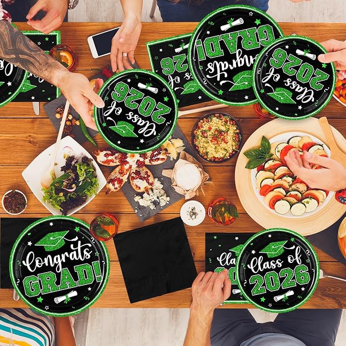 Black and Green Graduation Decorations,200Pcs Black and Green Graduation Plates and Napkins Congrats Grad Class Of 2026 Plates for Graduatio Party Supplies ,Serve 50