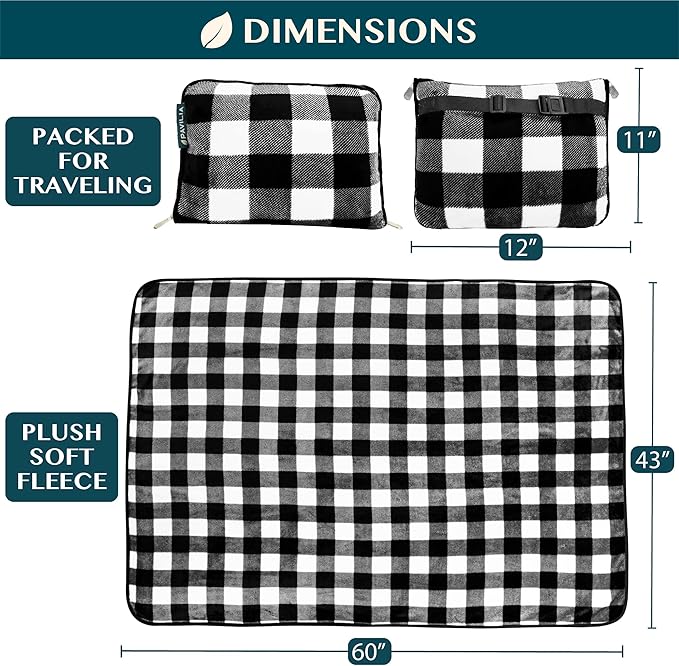 PAVILIA Travel Blanket Pillow, Soft Airplane Blanket 2-in-1 Combo Set, Plane Blanket Compact Packable, Flight Essentials Car Pillow, Travelers Gifts Accessories, Backpack Strap, 60x43 Checker White