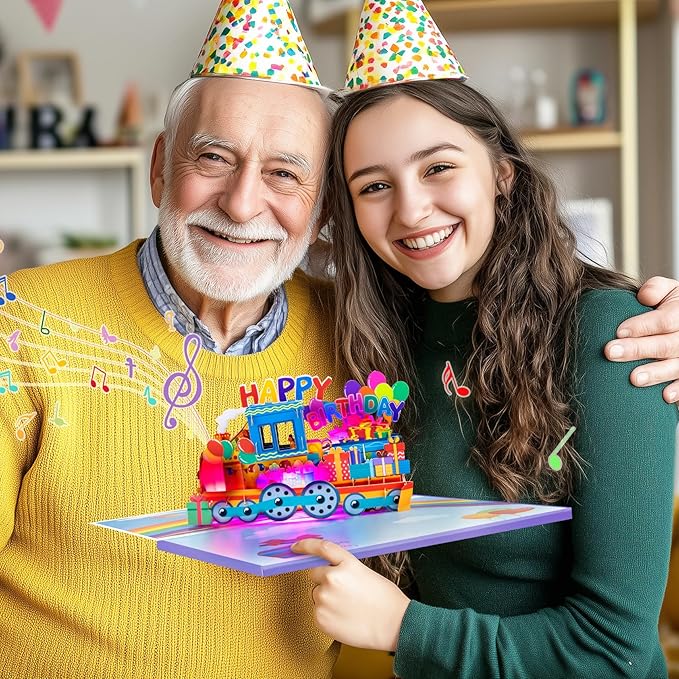 GREETING ART Musical Train Birthday Card, 3D Pop Up Birthday Cards, Light & Music Happy Birthday Card for Kids, Women, Man, Mom, Wife, Husband, Boy, Girl