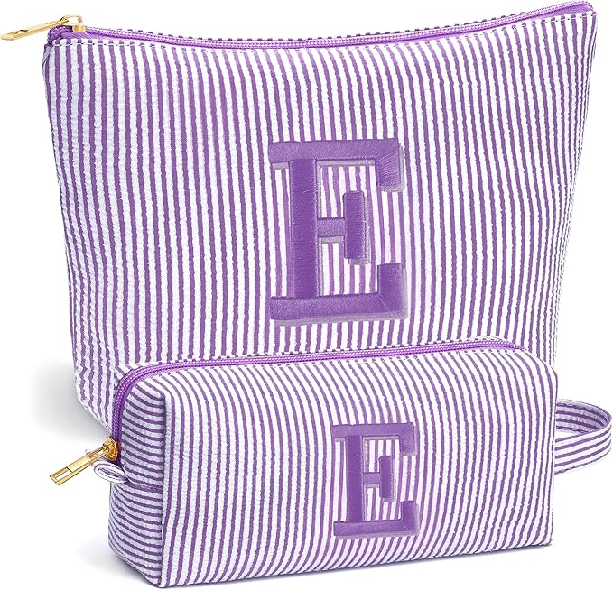 Initial Makeup Bag Set - Cute Purple Stuff for Women, Personalized Makeup Pouch Cosmetic Bag, Travel Essentials Toiletry Bag, Birthday Christmas Gifts for Women, Purple Letter E