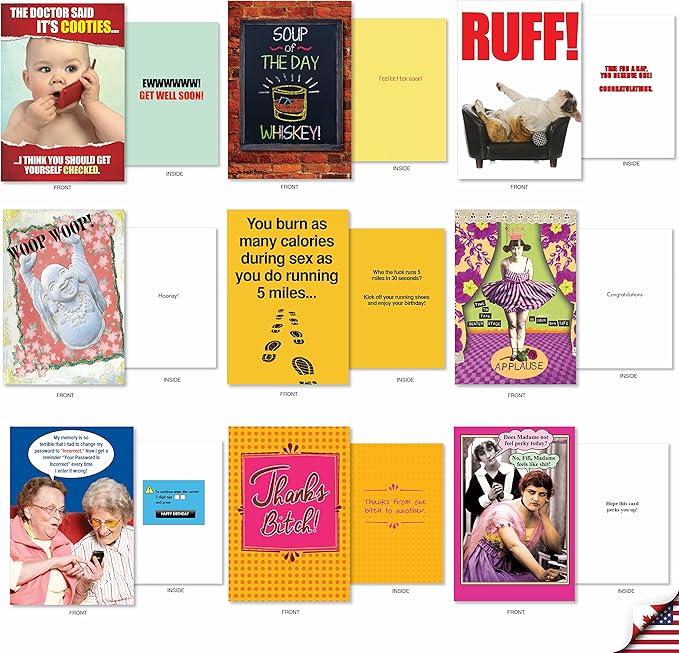 NobleWorks - 36 Assorted Funny Mixed Occasions Blank Greeting Cards Box Set w/Envelopes, Humor B-Day, Get Well for Men, Women (36 Designs, 1 Each) - Big Laughs Collection AC6669XXG-B1x36
