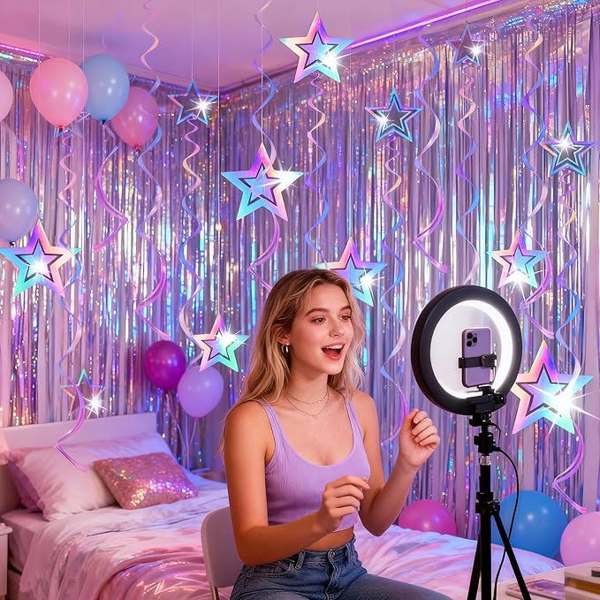 BTSD-home Iridescent Star Garland Decorations Holographic Hanging 3D Twinkle Stars Spira Swirl Ribbons Birthday Wedding Backdrop Galaxy Party Decor Space Starry Night Theme Party Supplies
