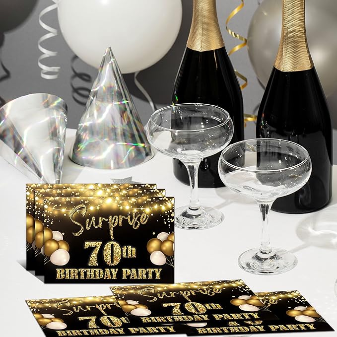 YSTEP 70th Birthday Party Invitations, 20 Black Gold Invite Cards with Envelopes, 4"x6" Foil Balloon Birthday Invites - B13