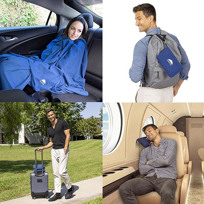 BlueHills Travel Blanket Pillow Compact Lightweight Pocket Size Airplane Traveling Essential Flight Trip Throw in Bag Portable Case Plane Accessory Navy Blue L04