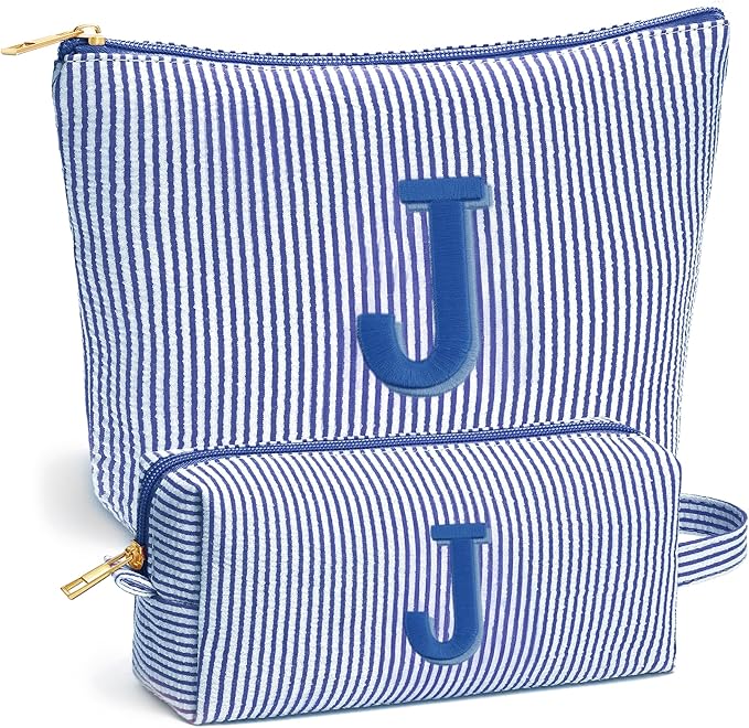 Travel Essentials - Portable Travel Toiletry Bag for Women, Initial Makeup Kit Organizer Make up Cosmetic Bag Set Blue Stuff Birthday Gifts for Women Daughter Mom, Blue Letter J