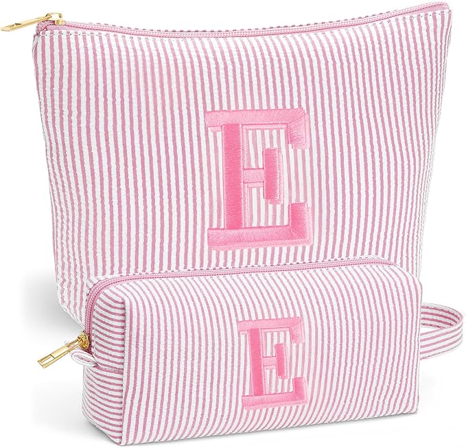 Initial Makeup Bag Set - Cute Light Pink Stuff for Women, Personalized Makeup Pouch Cosmetic Travel Essentials Toiletry Bag, Birthday Christmas Gifts for Women Stocking Stuffers, Light Pink E