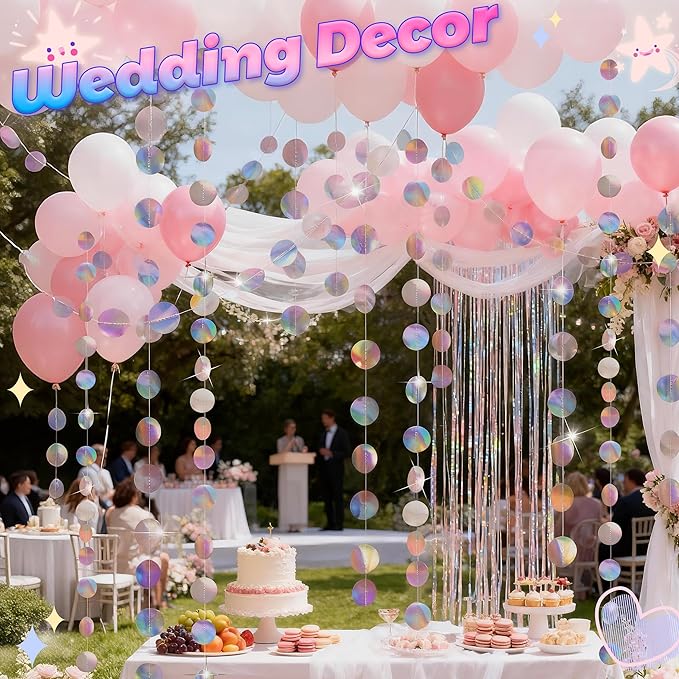 BTSD-home Iridescent Party Decorations 4 Pack Iridescent Garland Circle Dots Tool-Free Hanging Holographic Decor for Birthdays Graduation Christmas and Weddings Photography Background