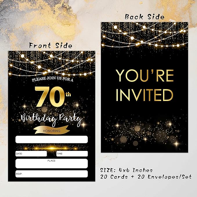 70th Birthday Invitations with Envelopes - Black Gold Glitter Fill-in Invites Cards - Surprise Birthday Party Invitation Card for Him/Her - Adults Birthday Party Favors Supplies Decorations (20 Pack)