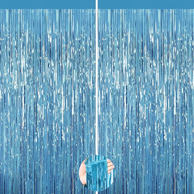 2Pack Backdrop Curtains, Sky Blue Tinsel Backdrop Photo Booth, Metallic Fringe Curtains Foil Tinsel Party Streamer for Birthday Wedding Party, Curtain Backdrop for Baby Shower Bachelorette Decorations
