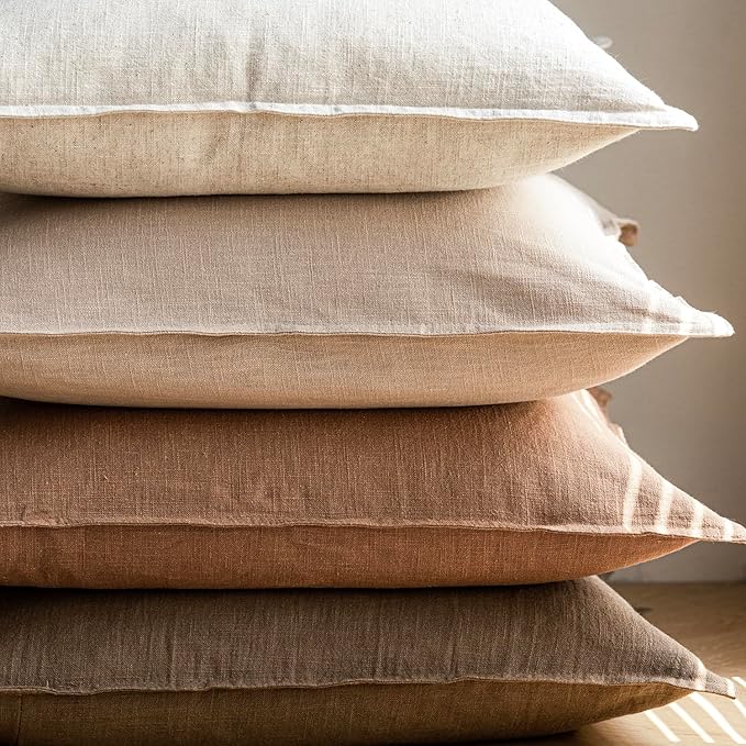 Foindtower Pack of 2, Decorative Linen Soild Throw Pillow Covers Soft Accent Cushion Case Boho Farmhouse Pillowcase for Chair Couch Sofa Bedroom Living Room Home Decor 22 x 22 Inch Light Khaki Brown