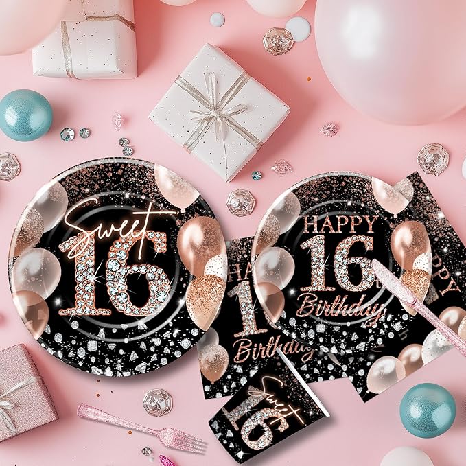 Sweet 16 Birthday Decorations for Girls, Black and Rose Gold Happy 16th Birthday Party Supplies Tableware, Paper Plate, Napkin, Cup, Disposable Cutlery, Tablecloth, Banner, Swirls, Serves 24