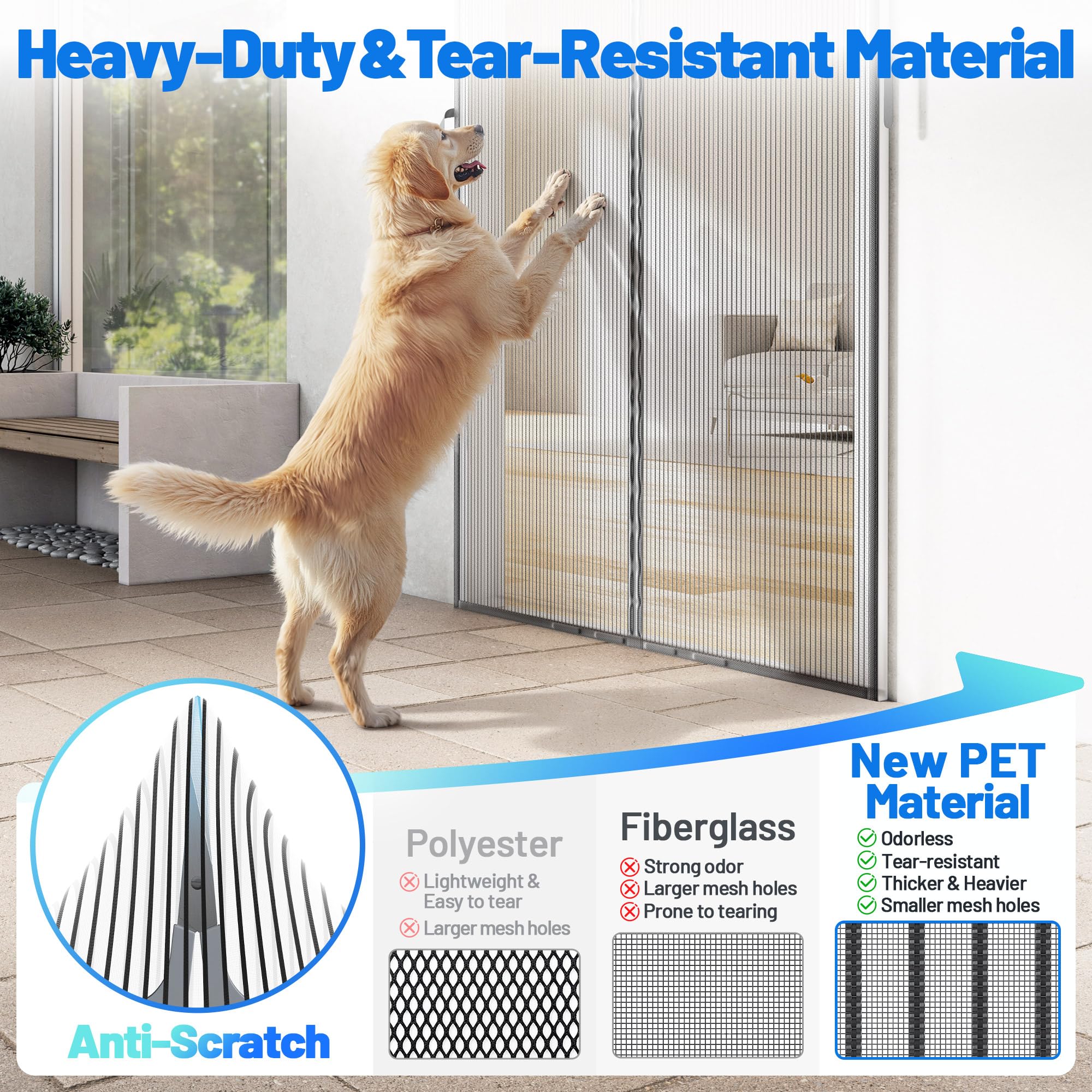 Heavy Duty Magnetic Screen Door Mesh - Auto-Sealing Hand-Free Door Net Screen with 50 Magnets, Pet & Kid Friendly, PET Fine Mesh Doors Screens Keep Bugs & Mosquitos Out Fits Front Doors Size 36” x 82”