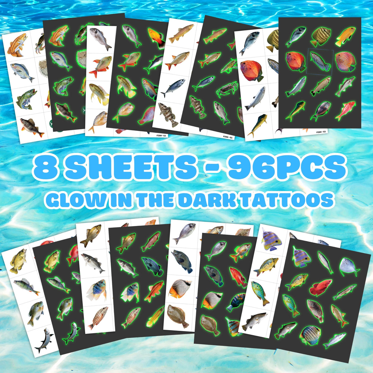 96PCS Fishing Pre-Cut Temporary Tattoos - Fish Lake Funny Fish-Themed Stickers for Kids' Birthday Party Supplies, Decorations, Favors, and Prizes - Cute Gifts for Boys and Girls (Glow in the dark)