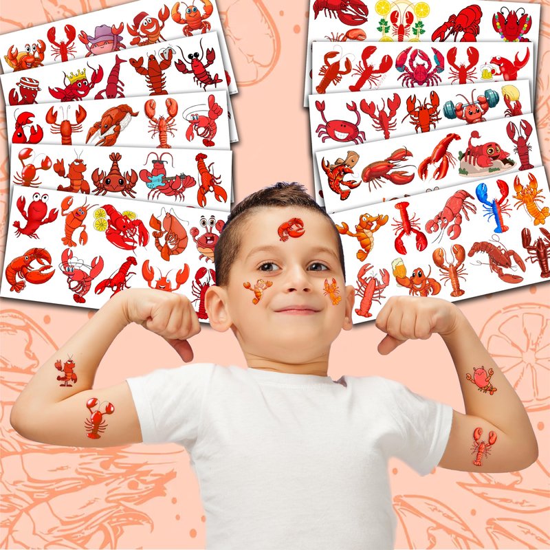 100 PCS Crawfish Temporary Tattoos (10 Sheets) - Cute Lobster Party Favors & Seafood Decorations for Kids, School Carnival Supplies