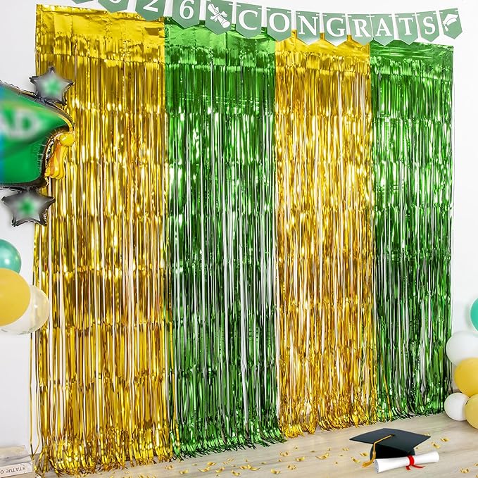 LOLStar Graduation Party Decoration, 4 Pack Green and Gold 3.3x6.6 ft Foil Fringe Curtains, Tinsel Backdrop, Graduation Photo Booth Prop Streamer Backdrop for Class of 2026, Prom and Grad Party Decor