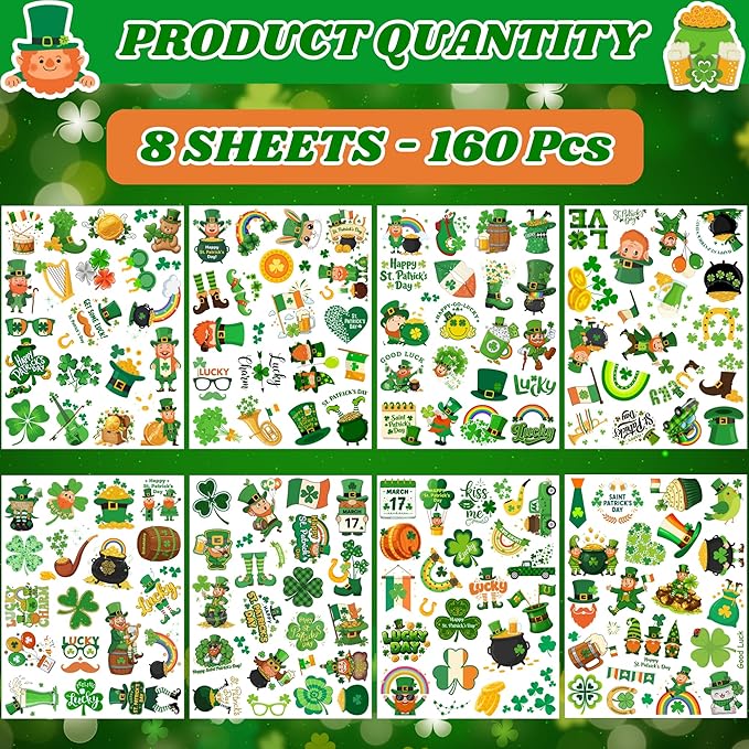 160PCS St Patricks Temporary Tattoos Stickers | St Patricks Party Favors Decorations Irish Holiday Green Clover Rainbow Shamrock Party Supplies Craft Gift Idea For Kids Boy Girl Teen Adult-8sheets
