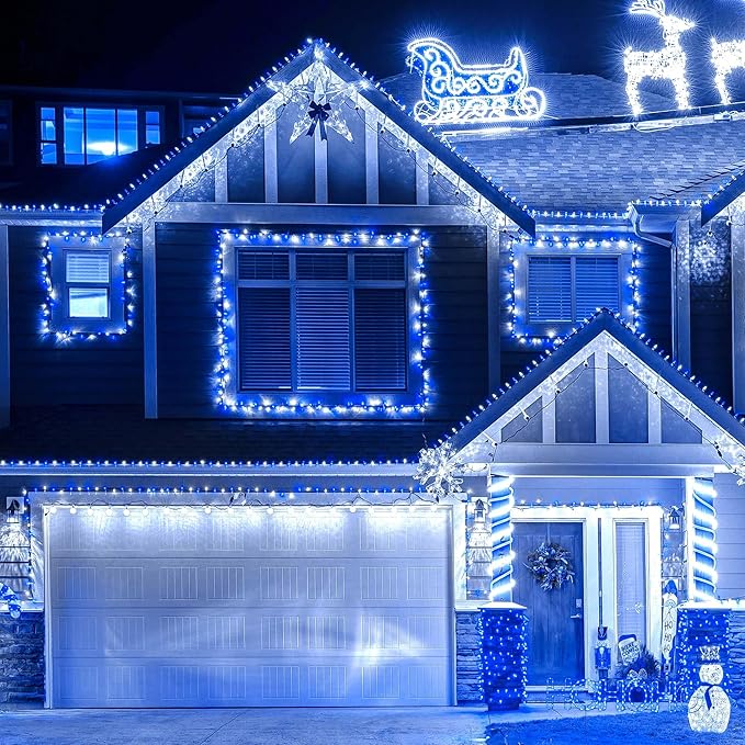 Wellisnow 164ft 500 LED Blue White Christmas Lights, 8 Lighting Modes Waterproof Christmas Lights Outdoor Plug in for Christmas Tree Yard Wedding Decorations(164FT,Blue&White)