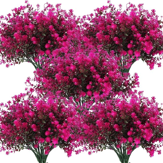 Boxwood Springs, Artificial Flowers Fake Outdoor UV Resistant Boxwood Plants Shrubs 10 Packs, Faux Plastic Greenery for Hanging Planter Home Office Wedding Farmhouse Indoor Outside Decor(Fuchsia)