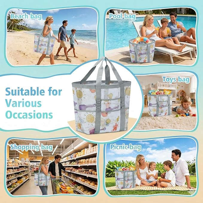 Mesh Beach Bags for Family - Women Beach Tote Bag for Toys, Towels, Travel Vacation Cruise Essentials