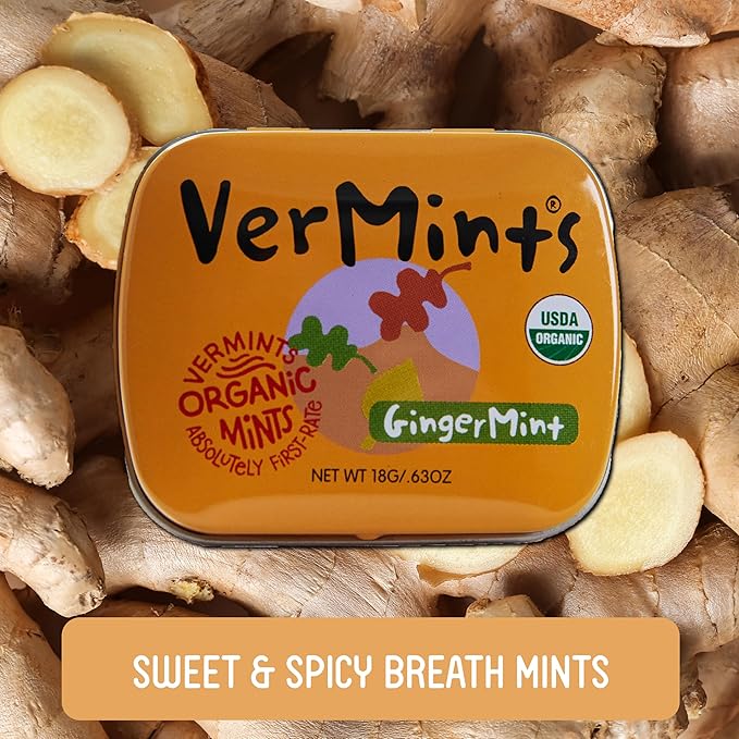 VerMints Organic Breath Mints GingerMint - Real Ginger Flavored Candies - Travel Size Tin - Non-GMO, Nut Free, Gluten Free, Vegan, Kosher & Organic Candy Mints - .63oz/18g (Pack of 12)