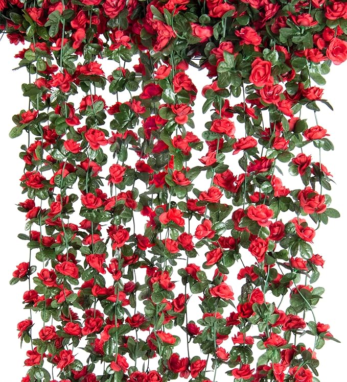 6 Pcs x 8.2 ft Flower Garland Artificial Rose Vine Flowers with Green Leaves Hanging Fake Roses Vine for Room Party Home Wedding Birthday Christmas Wall Arch Decor, Spring Red Flower
