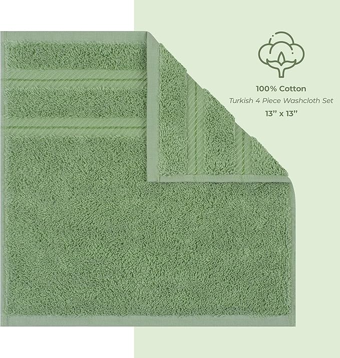 American Soft Linen Luxury Washcloths for Bathroom, 600 GSM 100% Cotton 4 Piece Turkish Wash Cloth Set, 13x13 in Soft Rags for Body and Face, Sage Green Washcloths