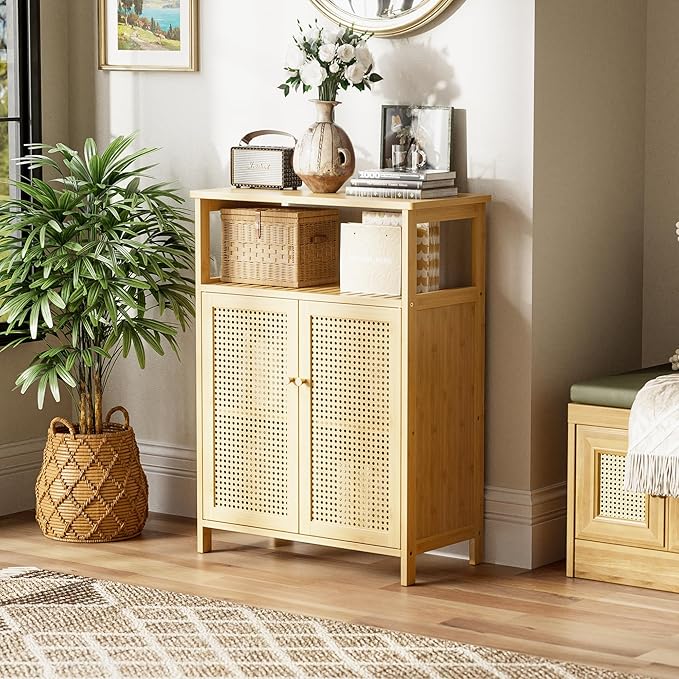 HITNET Rattan Bathroom Storage Cabinet, Bamboo Floor Cupboard with 2 Doors, Freestanding Side Organizer for Living Room, Kitchen, Entryway, Natural