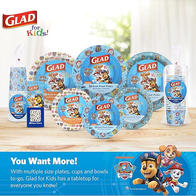 Glad for Kids Paw Patrol Disposable Paper Plates, Heavy Duty Soak Proof Microwavable Kids Plates for Parties, Birthdays, and Everyday Meals, Core Pups Blue, 7 Inch, 20 Count