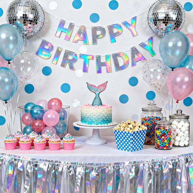 BTSD-home Iridescent Happy Birthday Banner 11ft Pre-Strung Letter Cards Reusable Cardstock Iridescent Birthday Decorations Unisex for Indoor Outdoor Holographic Party Backdrop