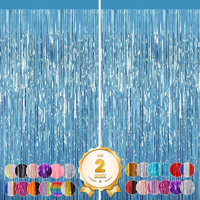 2Pack Backdrop Curtains, Sky Blue Tinsel Backdrop Photo Booth, Metallic Fringe Curtains Foil Tinsel Party Streamer for Birthday Wedding Party, Curtain Backdrop for Baby Shower Bachelorette Decorations