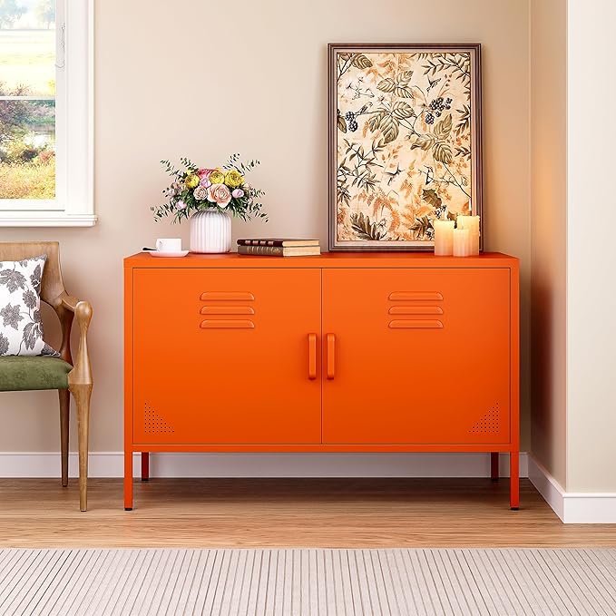 SISESOL Orange Metal Storage Cabinet with Doors and Shelves,2 Door Wide Metal Locker Accent Storage Cabinet with Leg & Vent Hole,Wide TV Cabinets,Low Side Cupboard for Home,Office,Dining/Living Room
