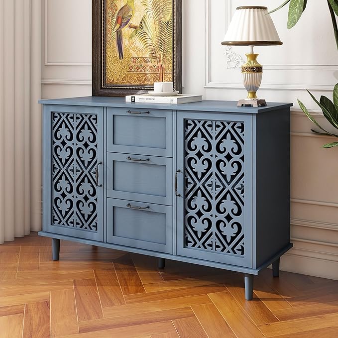 Sideboard Buffet Cabinet with Storage - Accent Storage Cabinet American Furniture, Modern 2 Door 3 Drawer Cabinet, Farmhouse Wood Credenza for Living Room, Dining Room, Entryway (Blue)