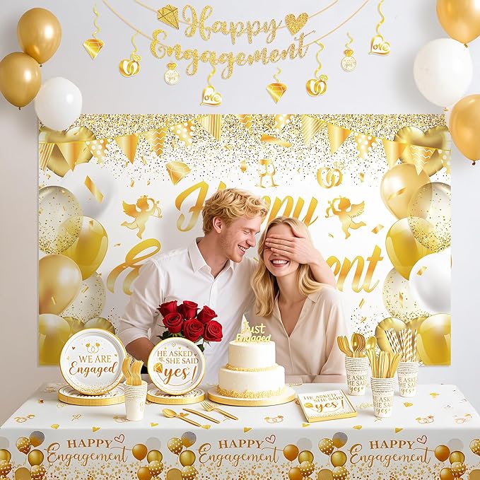 Engagement Party Decorations, Happy Engagement Party Supplies Kit, He Asked She Said Yes Paper Plates Napkins Disposable Dinnerware Tablecloth Backdrop for Wedding Proposal Party Decor, Serve 20