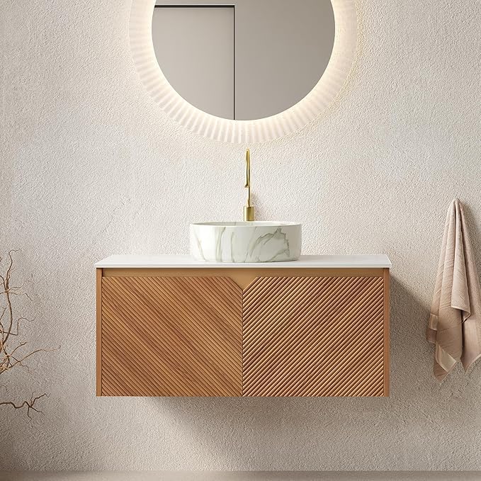 36 Inch Floating Bathroom Vanity with Vessel Sink, Fluted Modern Cabinet with 2 Doors, White Ceramic Sink with Stone Pattern & Sintered Stone Top, Oak
