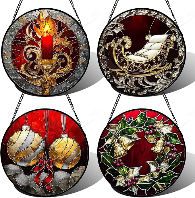 Stained Glass Window Hanging 4 Pcs Set Christmas Golden Bell Sleigh 9.8" - Suncatcher Door Garden Sun Catcher Decor Birthday Mother's Day Xmas Gifts for Mom Woman Nana Men Parents