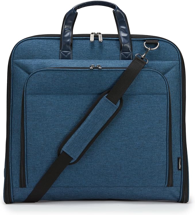 Amazon Basics Carry-On Garment Bag for Travel and Business Trips with Shoulder Strap, Hanging Suit Luggage Bag for Men Women, Wrinkle Free Cover for Suits Dresses Coats, Navy