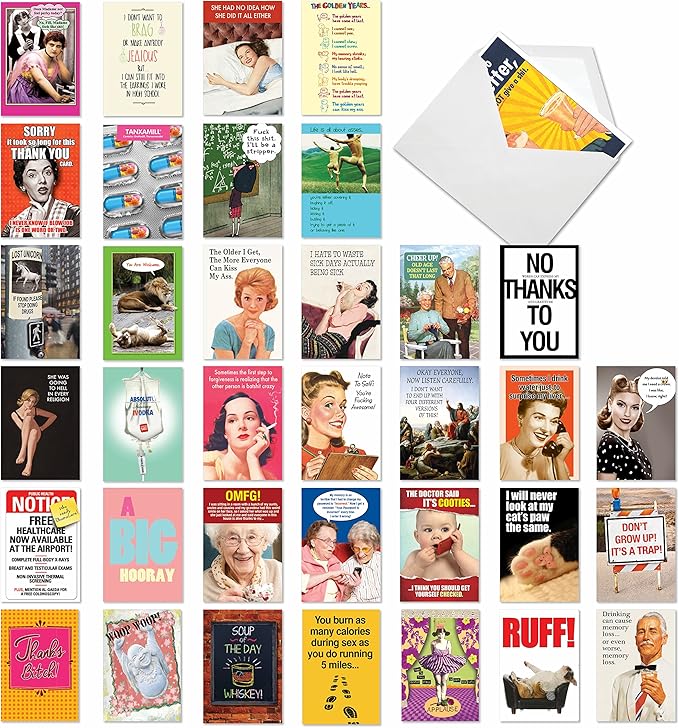 NobleWorks - 36 Assorted Funny Mixed Occasions Blank Greeting Cards Box Set w/Envelopes, Humor B-Day, Get Well for Men, Women (36 Designs, 1 Each) - Big Laughs Collection AC6669XXG-B1x36