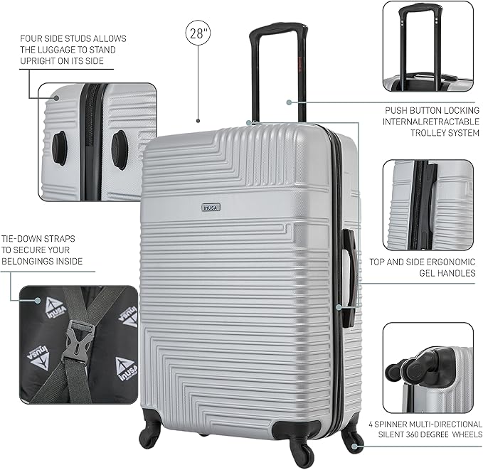 InUSA RESILIENCE Luggage with Spinner Wheels | Durable Lightweight Hardside Suitcase, Traveling Suitcases, Travel Bag with Handle and Trolley | 28-Inch Large Checked Luggage | Silver