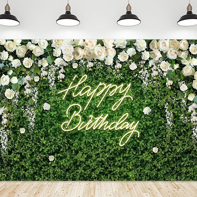 Riyidecor Happy Birthday Backdrop for Women Neon Flower Wall White Rose Green Leaves Floral Blossom Botanical Plant 7Wx5H Feet Nature Photography Background Girls Photo Studio Shoot Polyester Fabric