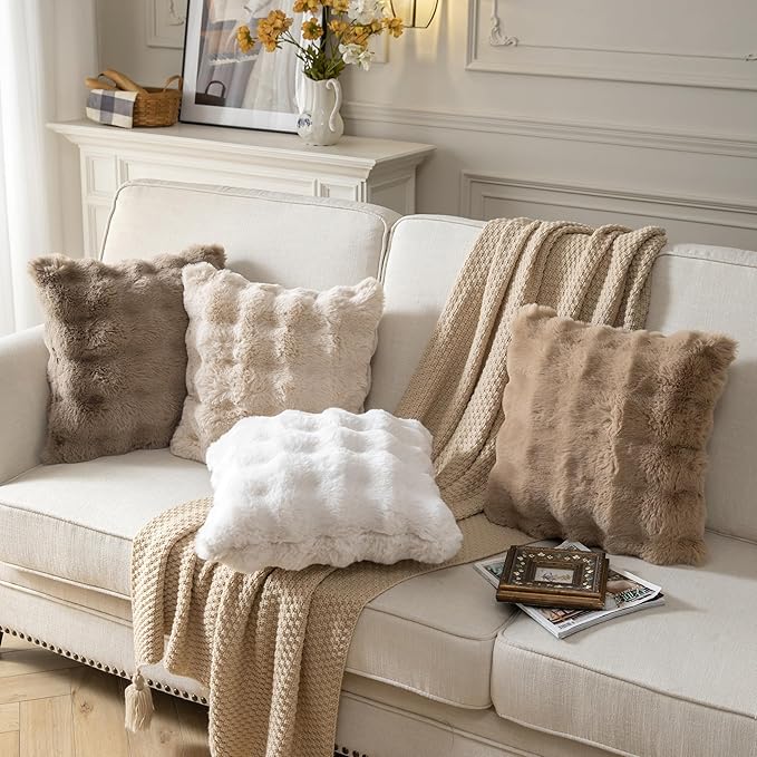 Pack of 2 Thick Plush Throw Pillow Covers Fluffy Wave Faux Fur Decorative Cushion Covers Soft Wool Pillowcase for Sofa Couch Livingroom 18x18 Inch Taupe