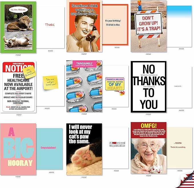 NobleWorks - 36 Assorted Funny Mixed Occasions Blank Greeting Cards Box Set w/Envelopes, Humor B-Day, Get Well for Men, Women (36 Designs, 1 Each) - Big Laughs Collection AC6669XXG-B1x36