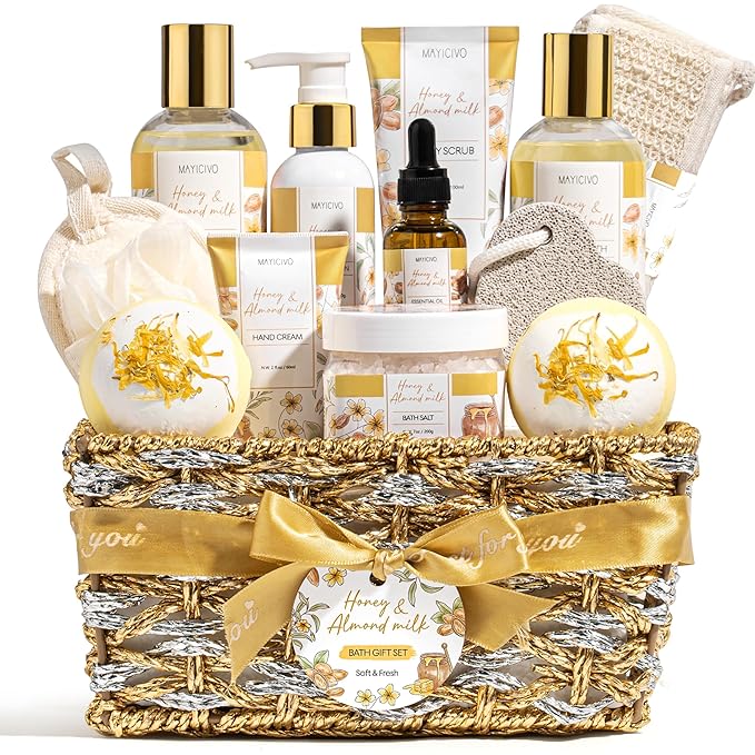 Birthday Gifts for Women, Honey & Almond Milk Relaxing Spa Gift Baskets for Women Self Care Package Bath Gift Set, Home Bath and Body Kit Pamper Valentines Day Gifts for Her Womens Mom Friends Sister