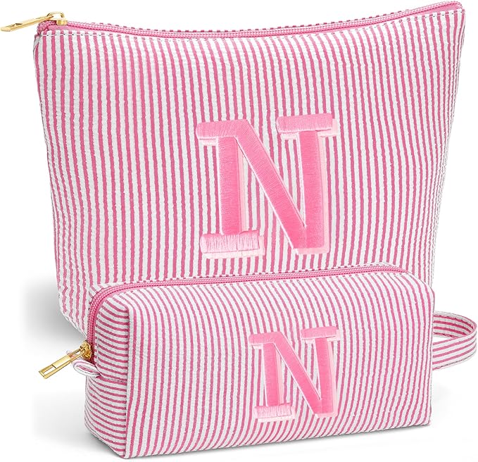 Initial Travel Toiletry Bag for Women - Travel Essentials, Personalized Travel Makeup Bag Small Cosmetic Make up Bag Cute Stuff Birthday Gifts for Women Mom Girlfriend Teacher, Pink Letter N