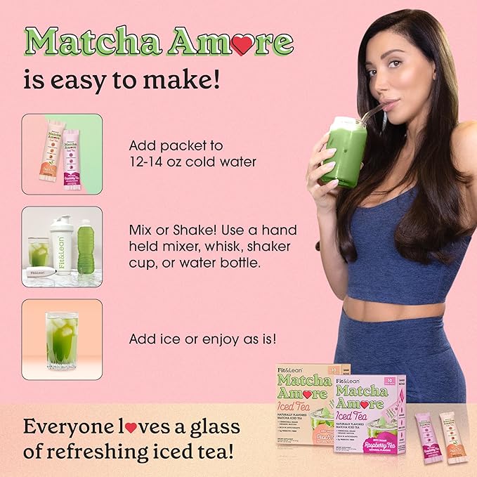 Fit & Lean Matcha Amore Iced Tea, Organic Ceremonial Grade Matcha Green Tea, Prebiotic Fiber, L-Theanine, Naturally Sweetened, NON-GMO, 0 Sugar, Peach Iced Tea, 10 Stick Packs
