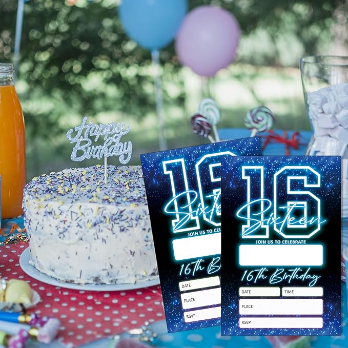 SIXEIGHT Blue 16th Birthday Invitations for Boys, Neon Glow Party Invitations for Girls Kids, 20 Pack Double Sided Invite Cards with Envelopes, 16th Glow Neon Birthday Party Decorations, 4x6 Inch-C49
