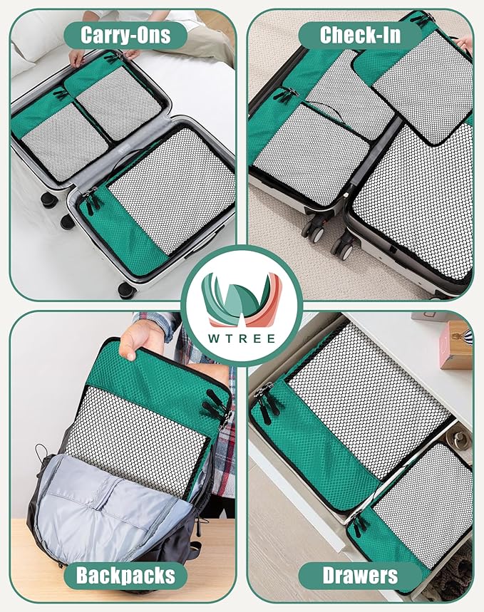WTREE 4-Piece Packing Cubes Travel Accessories Set for Suitcases - Luggage Organizer Bags with Double Zipper - Mesh Top - Large - Green